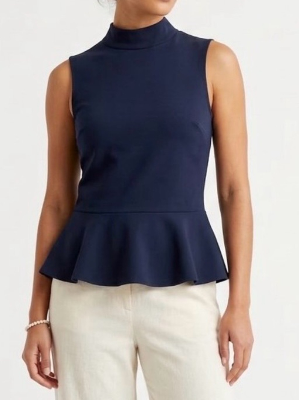 Banana Republic Navy Mock Neck Peplum Top XS Quiet Luxury Refined Minimalism